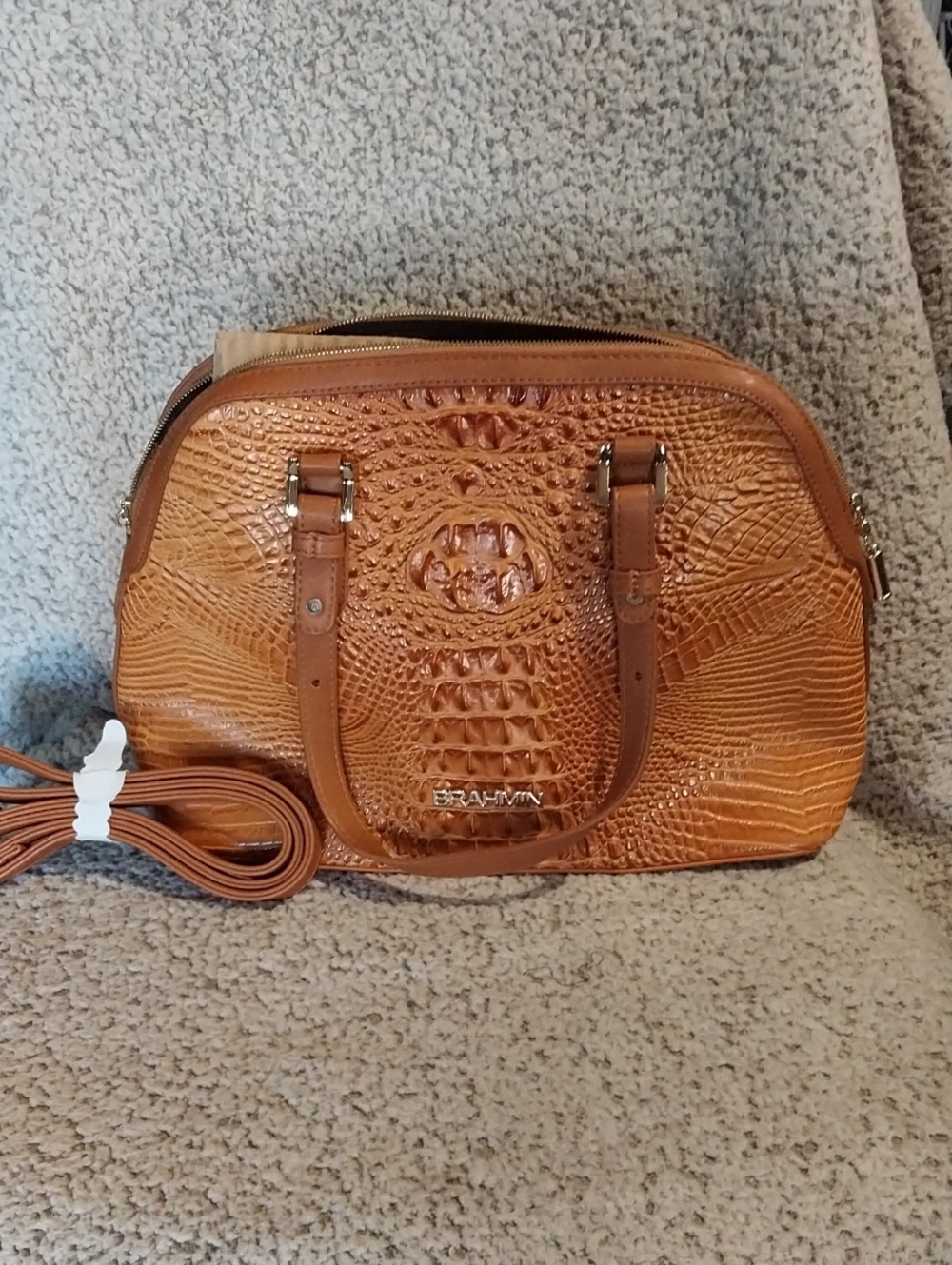 Brahmin Cognac Croc-Embossed Satchel with Detachable Strap